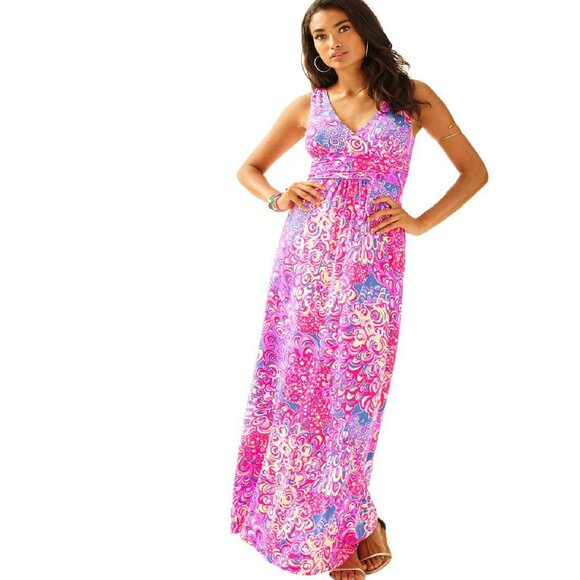 HTF Lilly Pulitzer SLOANE Dress Maxi Floral Navy Blue Pink Lilly Lagoon Pop Up L - Picture 1 of 2